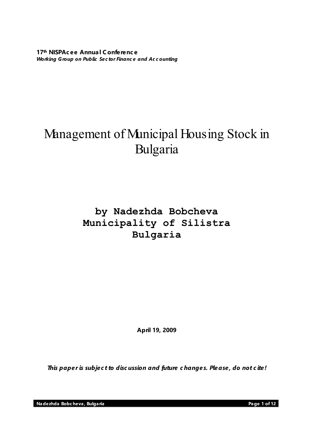 Management of Municipal Housing Stock in Bulgaria