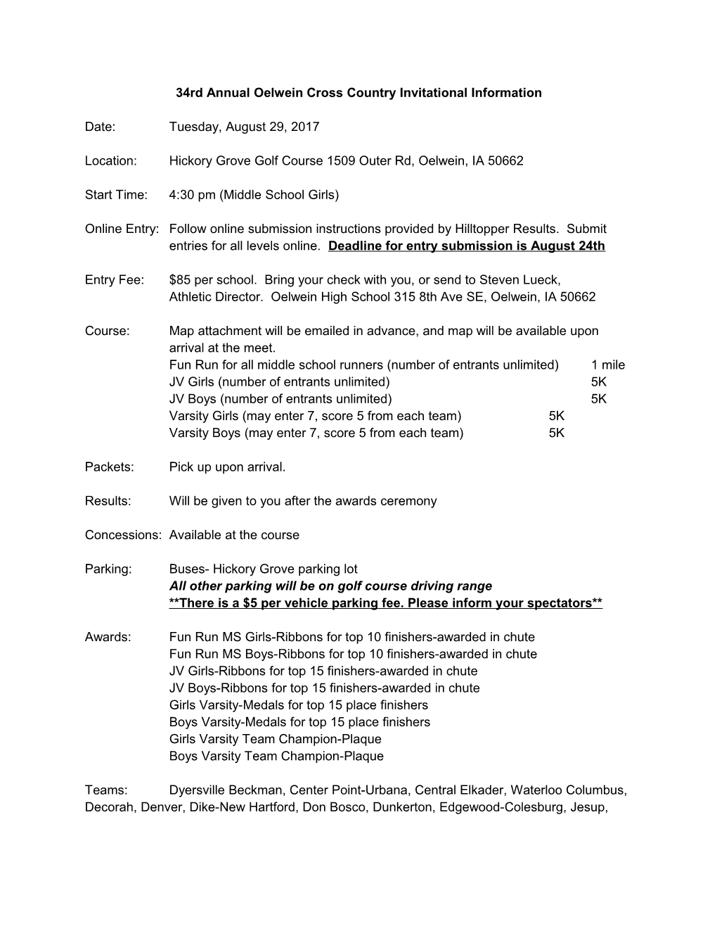 34Rd Annual Oelwein Cross Country Invitational Information