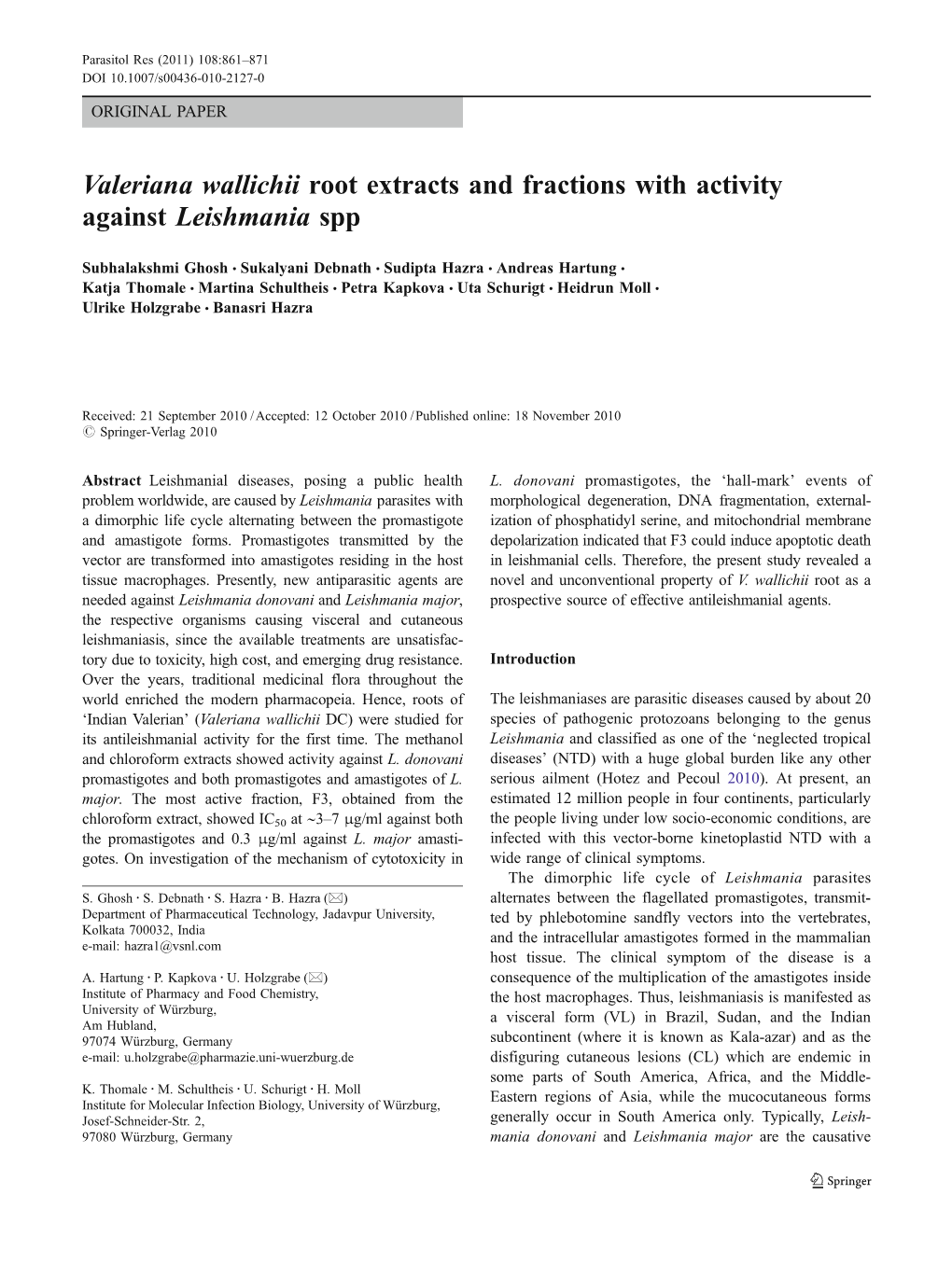 Valeriana Wallichii Root Extracts and Fractions with Activity Against Leishmania Spp