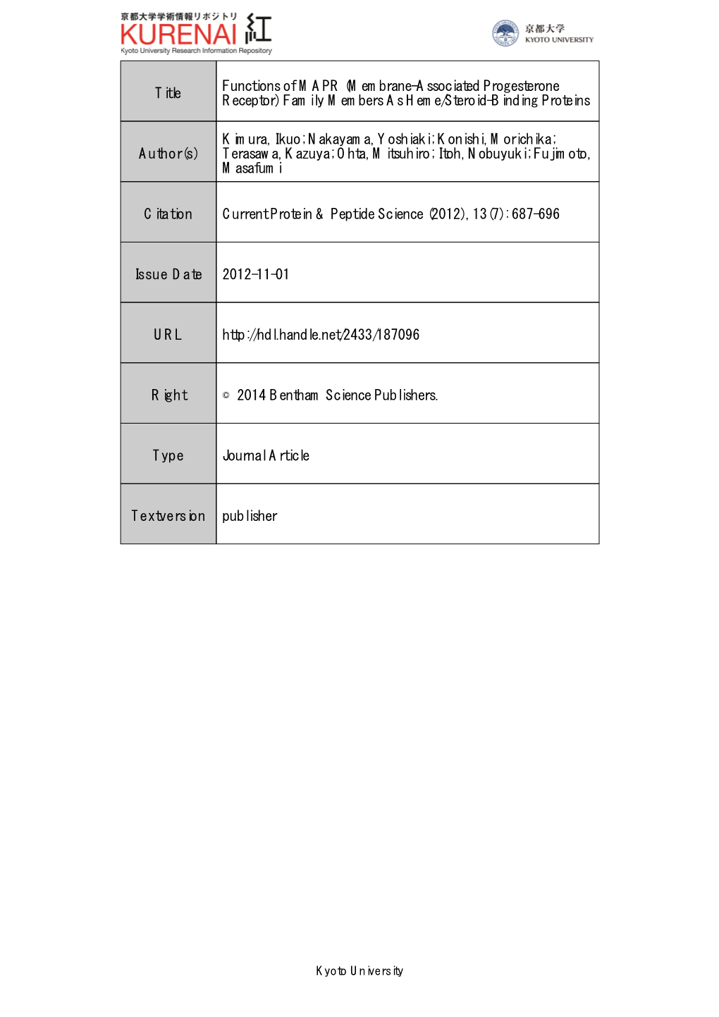 Title Functions of MAPR (Membrane-Associated Progesterone Receptor) Family Members As Heme/Steroid-Binding Proteins Author(S) Ki