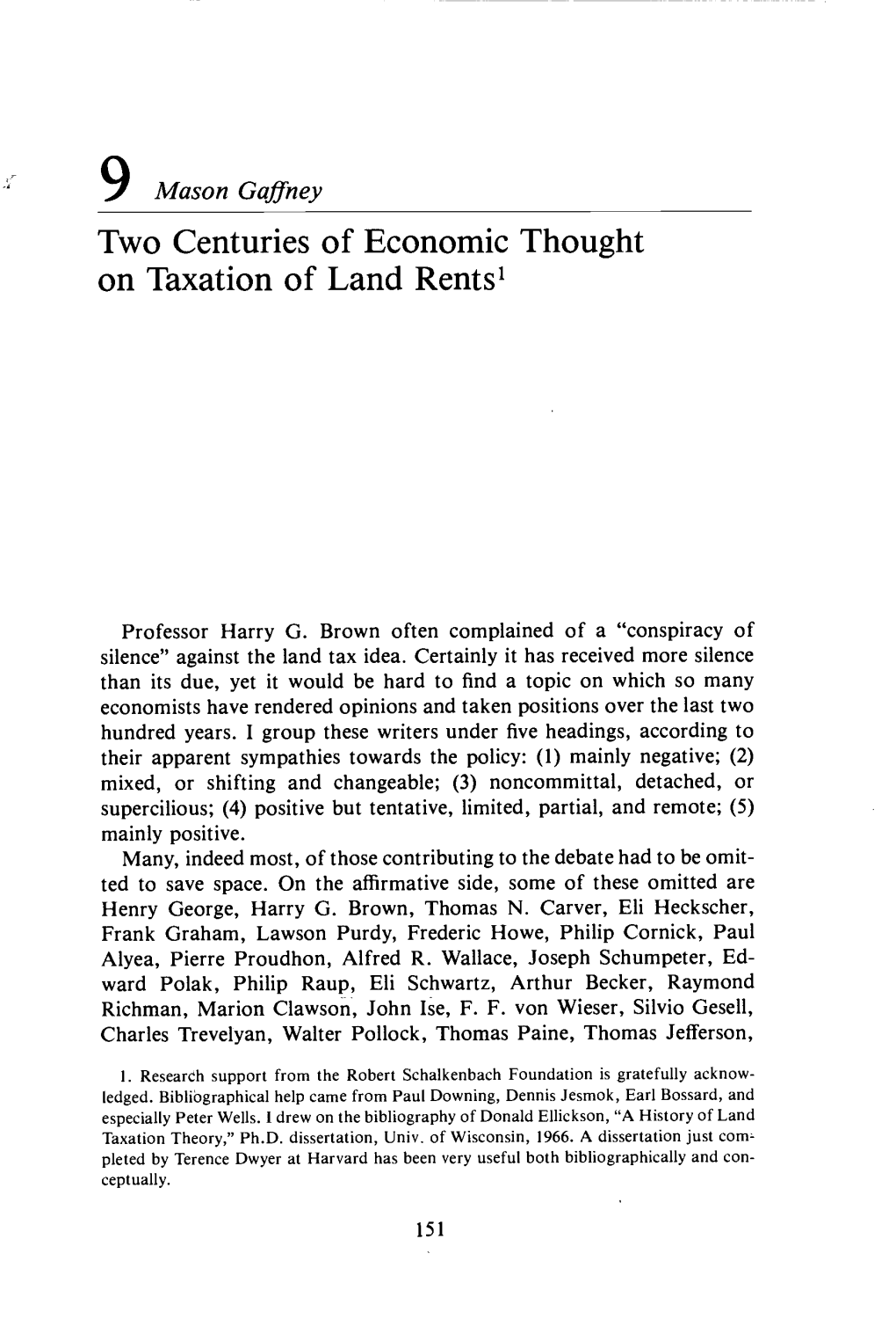 Two Centuries of Economic Thought on Taxation of Land Rents1