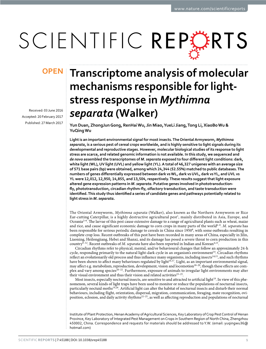Transcriptome Analysis of Molecular Mechanisms Responsible for Light-Stress Response in Mythimna Separata (Walker)