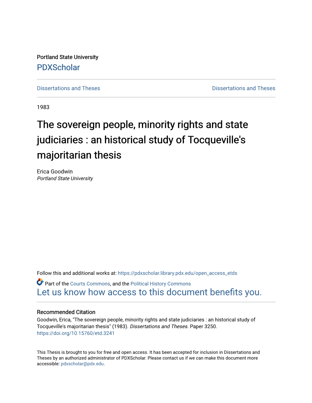 The Sovereign People, Minority Rights and State Judiciaries : an Historical Study of Tocqueville's Majoritarian Thesis