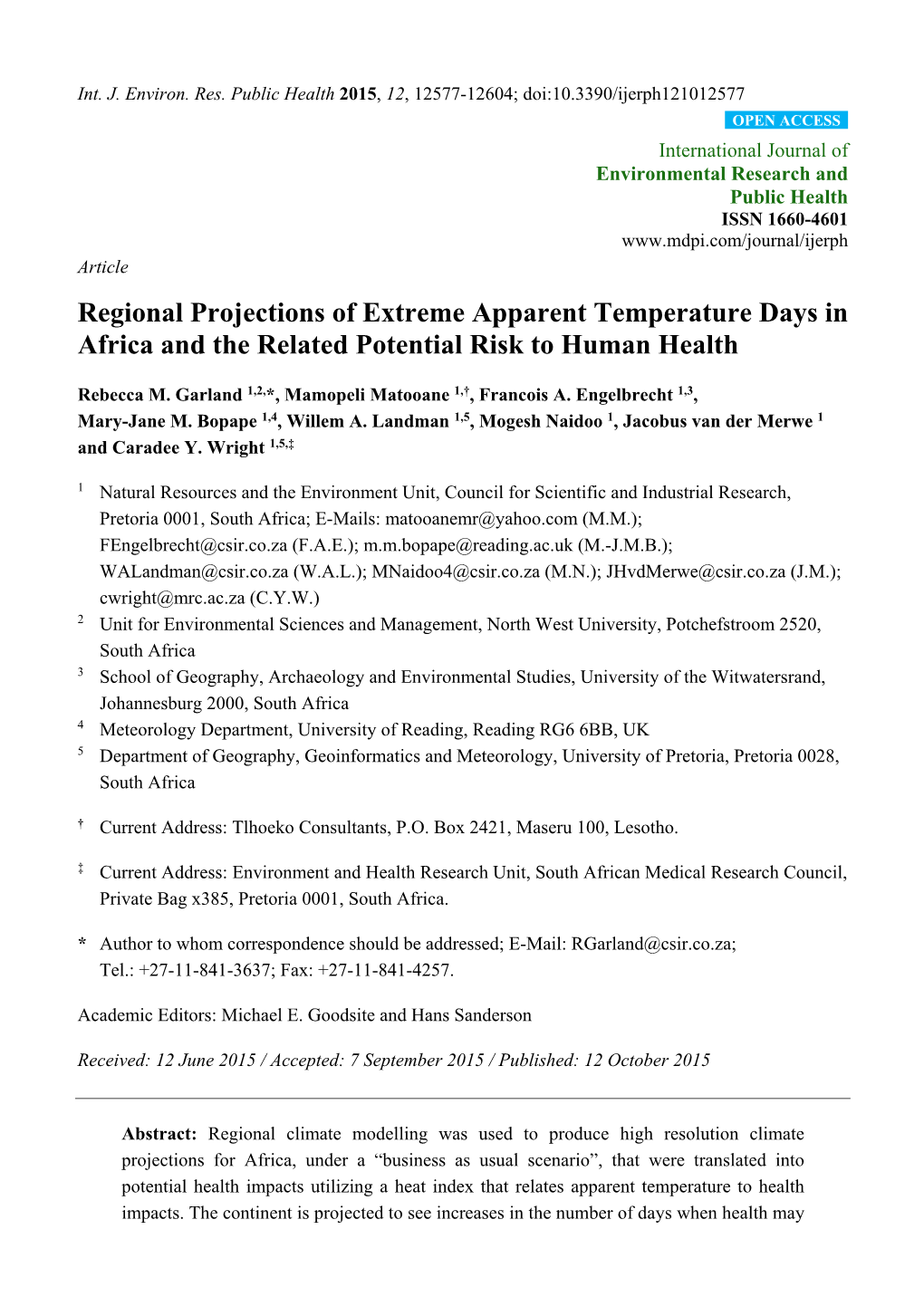 Regional Projections of Extreme Apparent Temperature Days in Africa and the Related Potential Risk to Human Health
