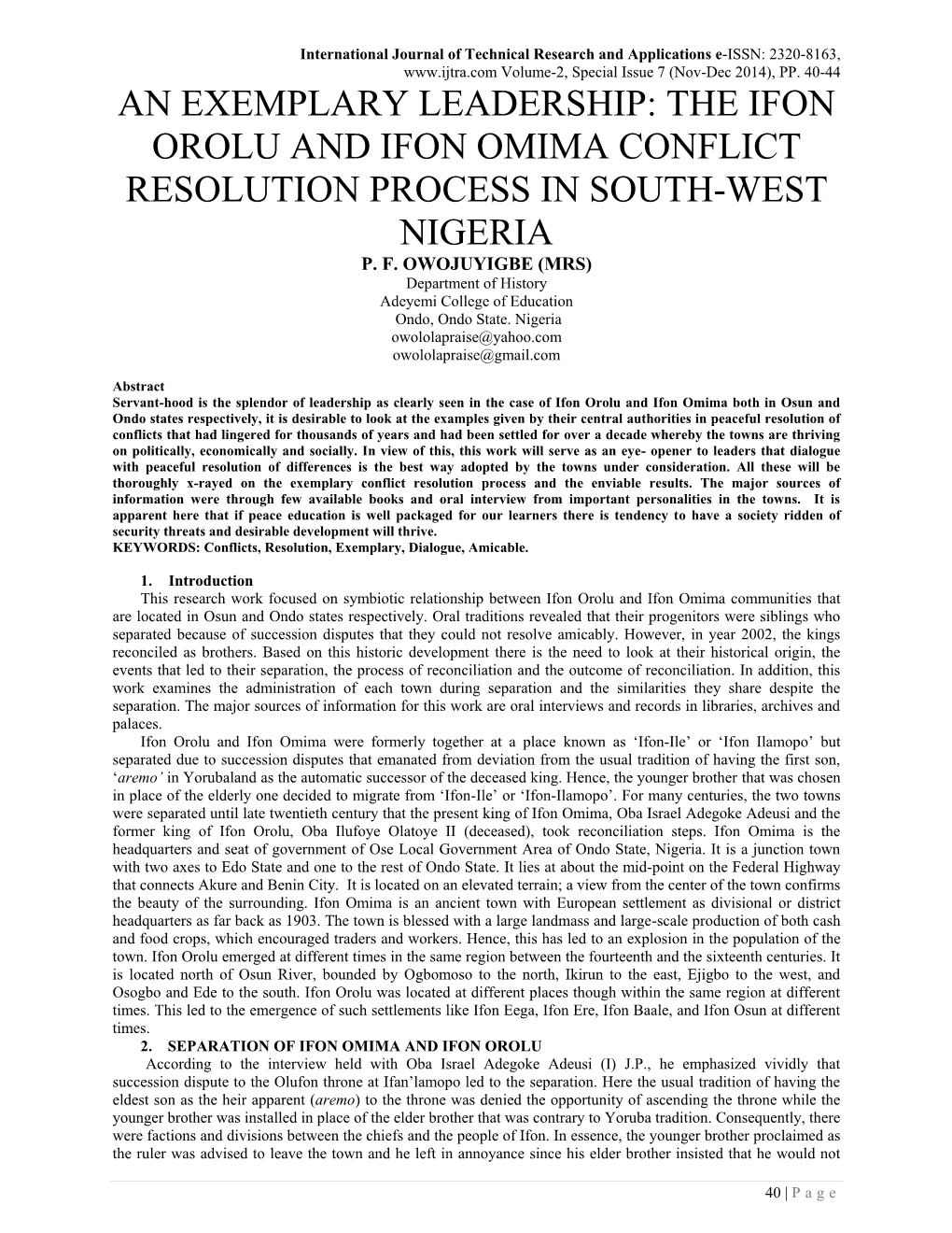 An Exemplary Leadership: the Ifon Orolu and Ifon Omima Conflict Resolution Process in South-West Nigeria P