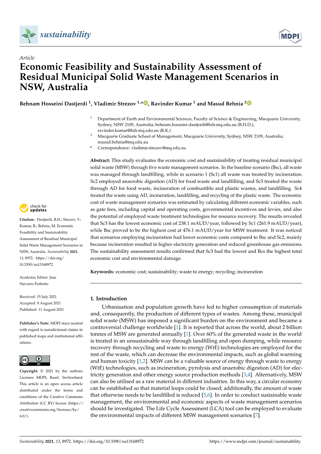 Economic Feasibility and Sustainability Assessment of Residual Municipal Solid Waste Management Scenarios in NSW, Australia