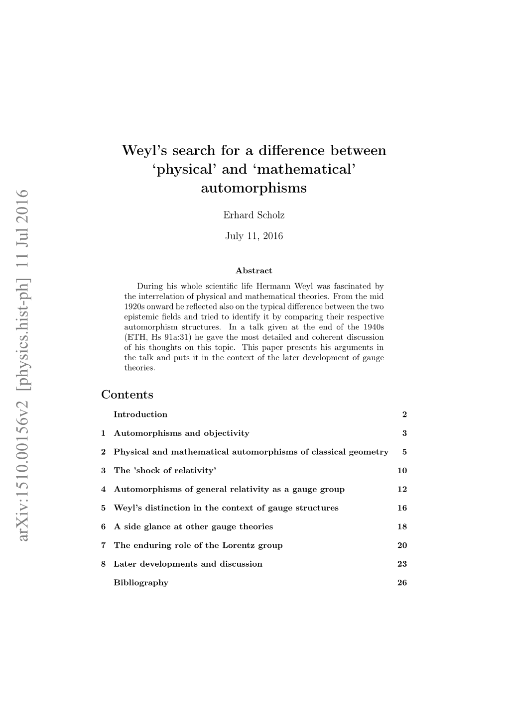 Weyl's Search for a Difference Betweenphysical'andmathematical