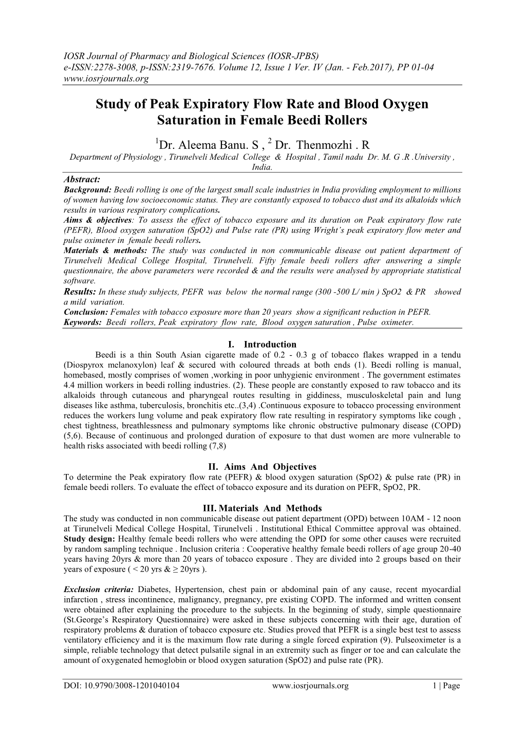 Study of Peak Expiratory Flow Rate and Blood Oxygen Saturation in Female Beedi Rollers