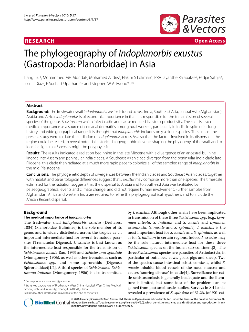 The Phylogeography of Indoplanorbis Exustus (Gastropoda: Planorbidae) in Asia Parasites & Vectors 2010, 3:57