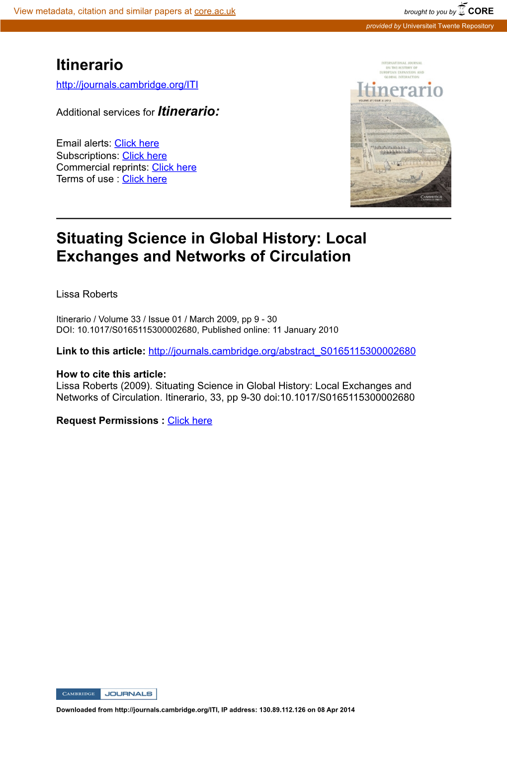 Itinerario Situating Science in Global History