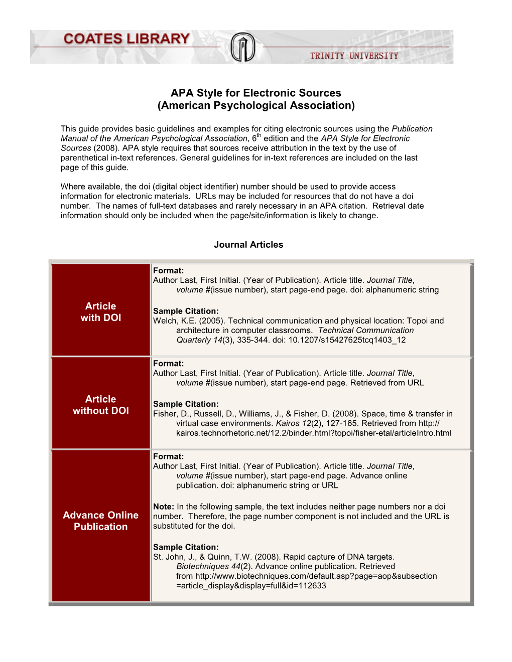 APA Style for Electronic Sources (American Psychological Association)