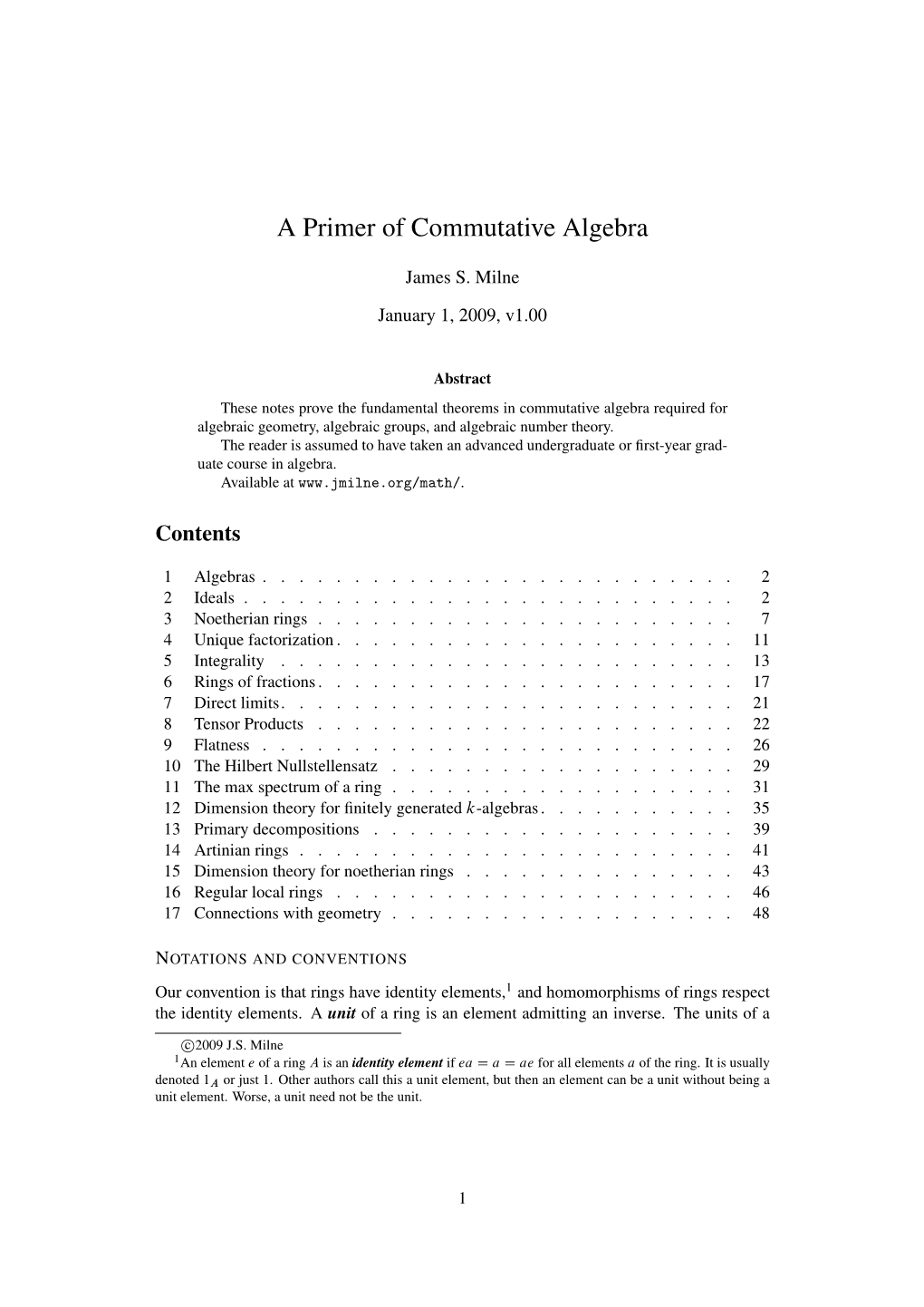 A Primer of Commutative Algebra