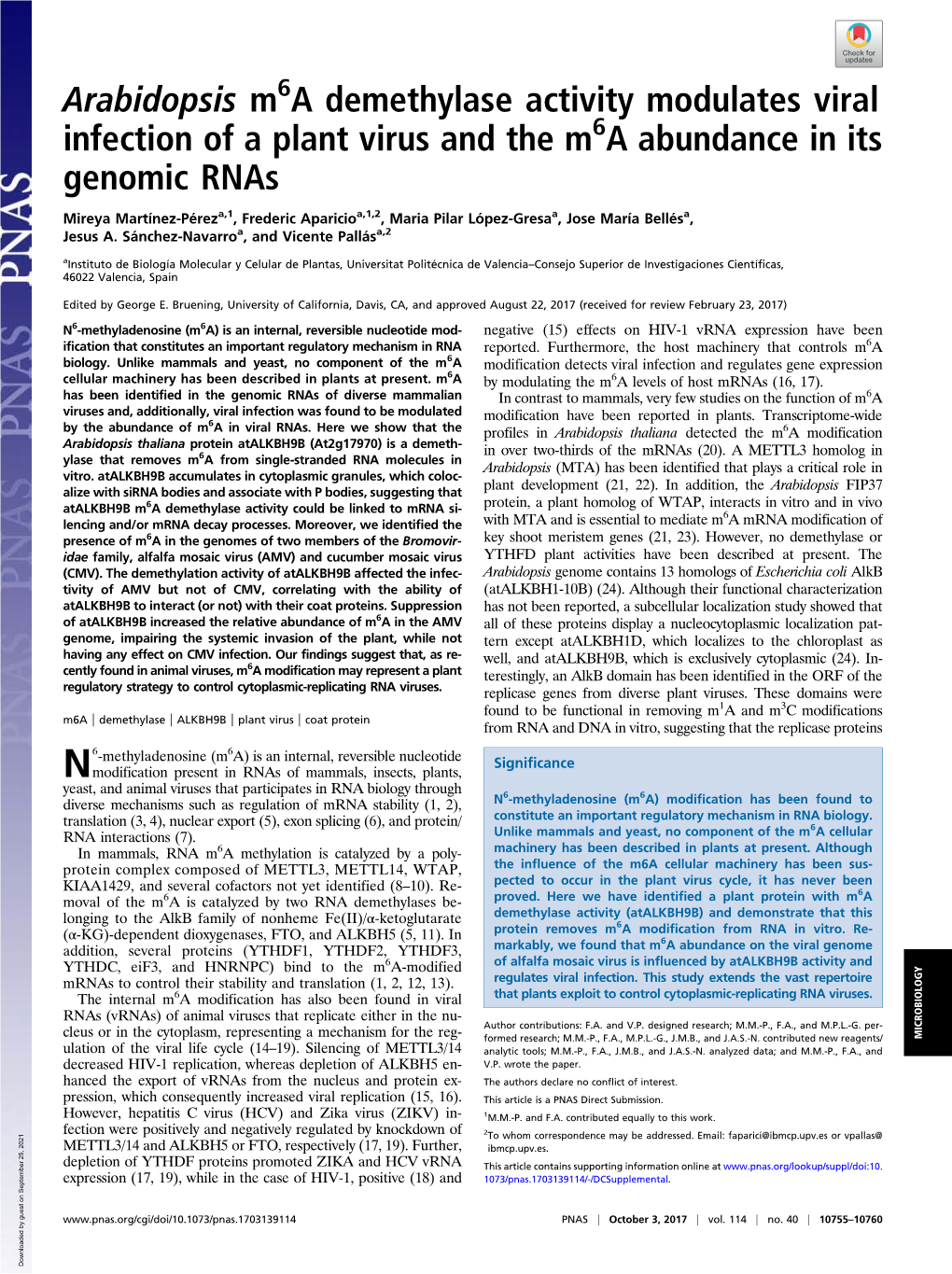 Arabidopsis M6a Demethylase Activity Modulates Viral Infection of a Plant Virus and the M6a Abundance in Its Genomic Rnas