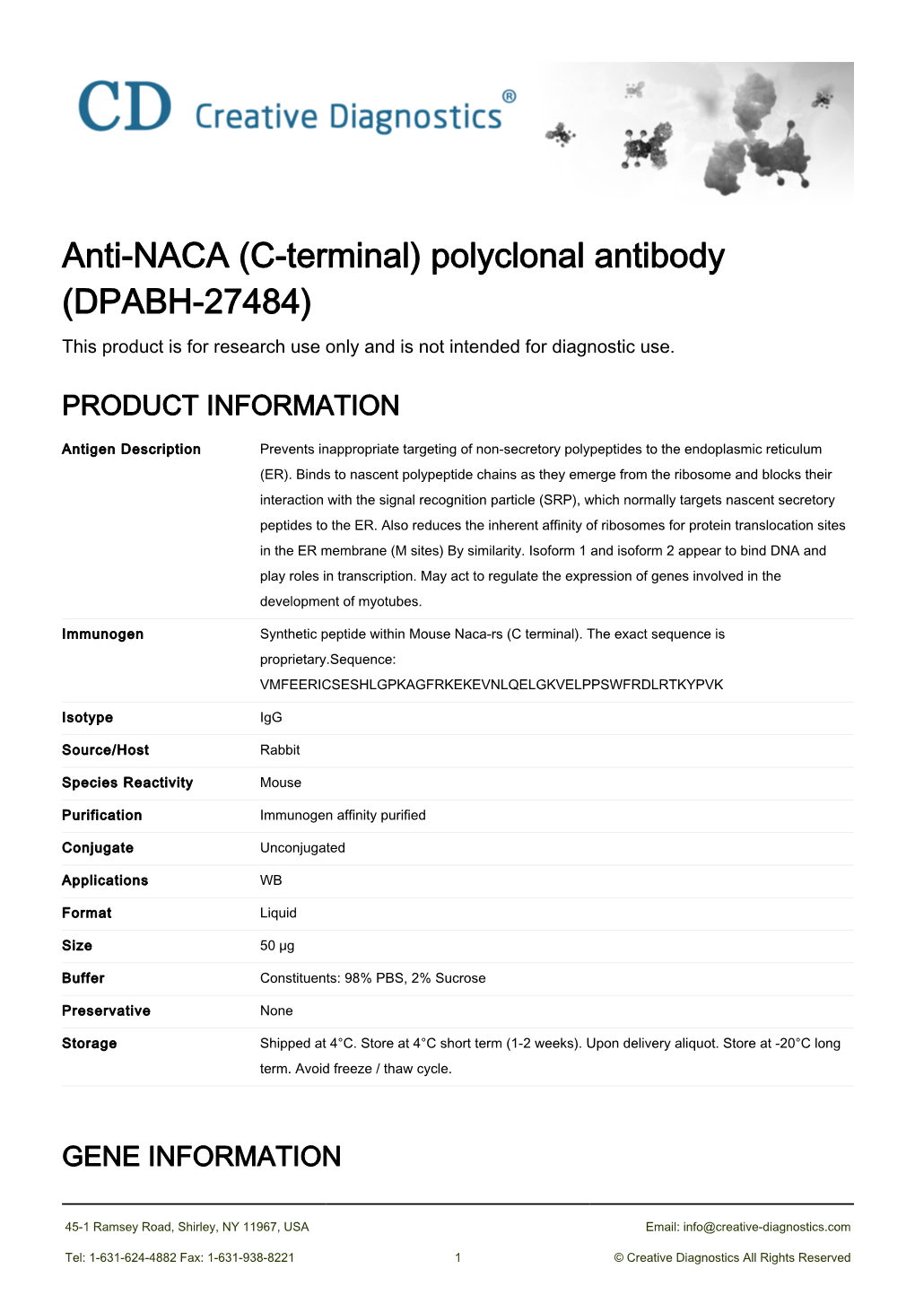 Anti-NACA (C-Terminal) Polyclonal Antibody (DPABH-27484) This Product Is for Research Use Only and Is Not Intended for Diagnostic Use