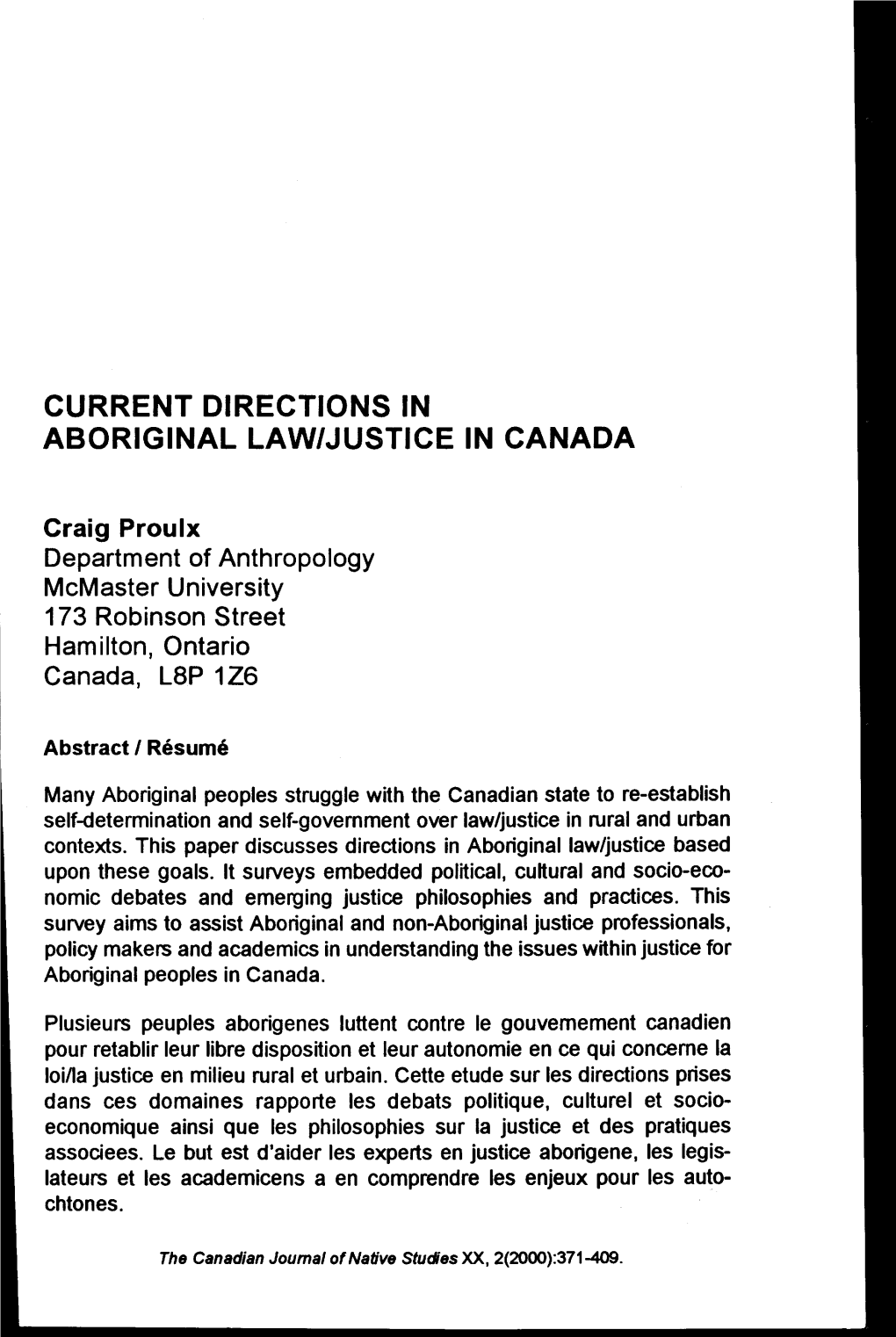 Current Directions in Aboriginal Law/Justice in Canada