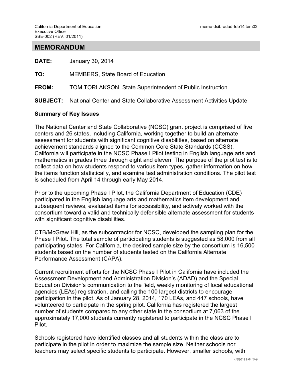 February 2014 ADAD Memo Item 02 - Information Memorandum (CA State Board of Education)