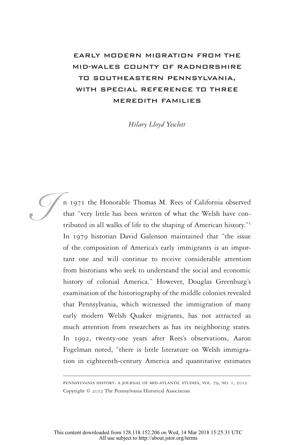 Early Modern Migration from the Mid-Wales County of Radnorshire to Southeastern Pennsylvania, with Special Reference to Three Meredith Families