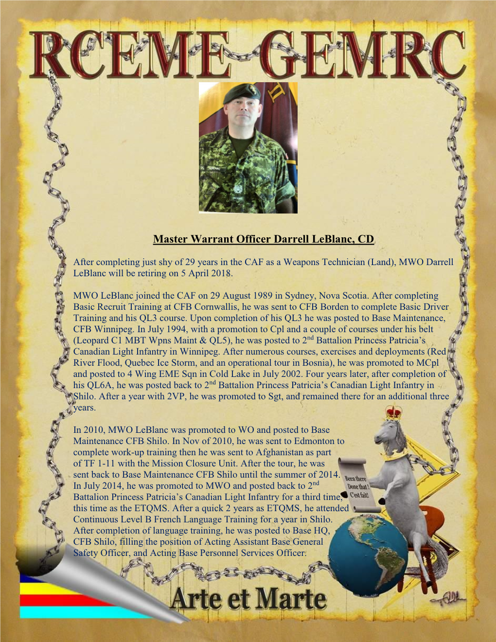 MWO Leblanc Joined the CAF on 29 August 1989 in Sydney, Nova Scotia