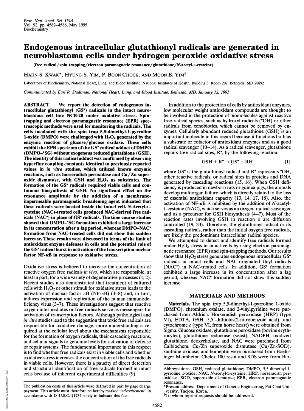 Endogenous Intracellular Glutathionyl Radicals Are Generated In