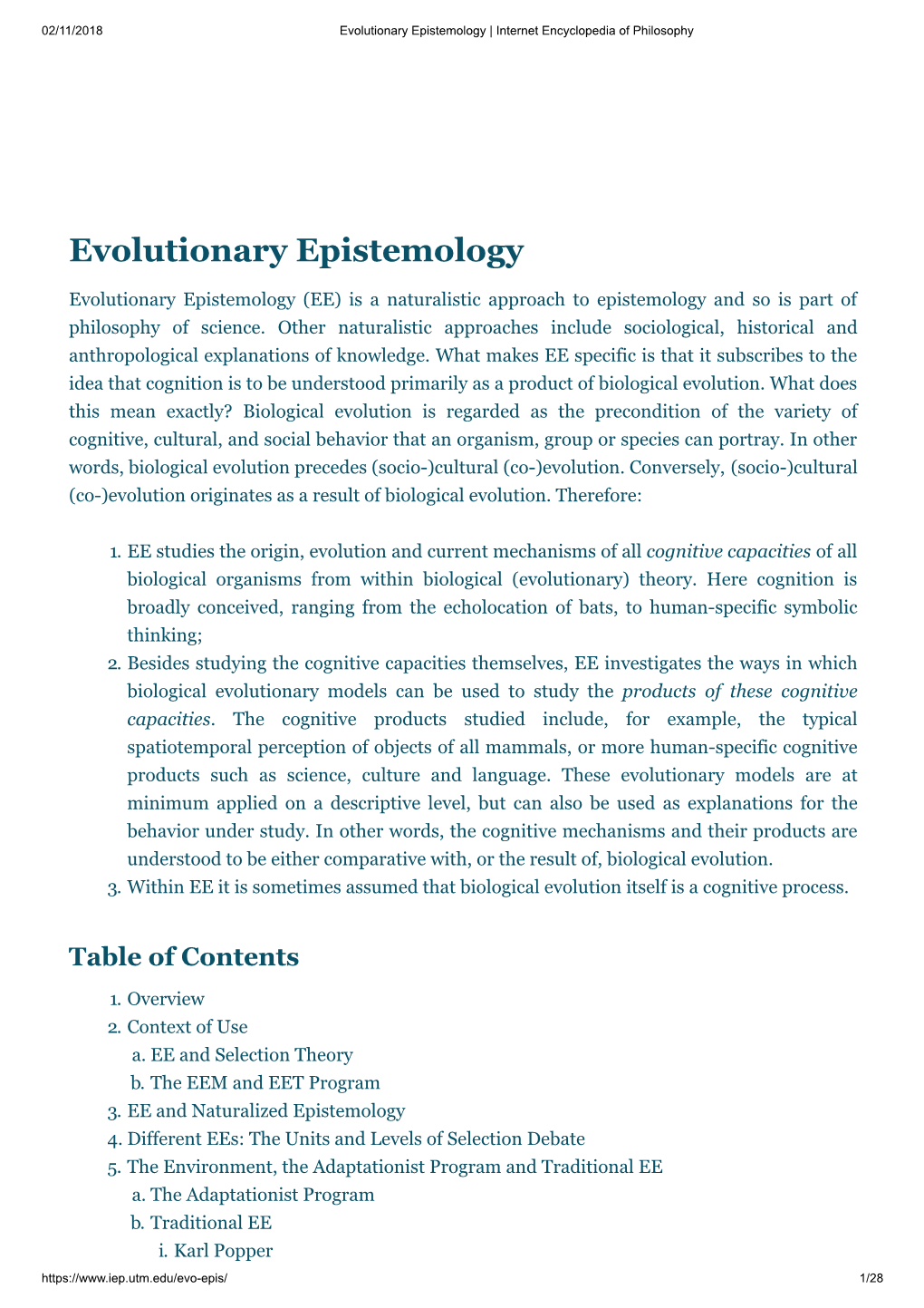 Evolutionary Epistemology | Internet Encyclopedia of Philosophy