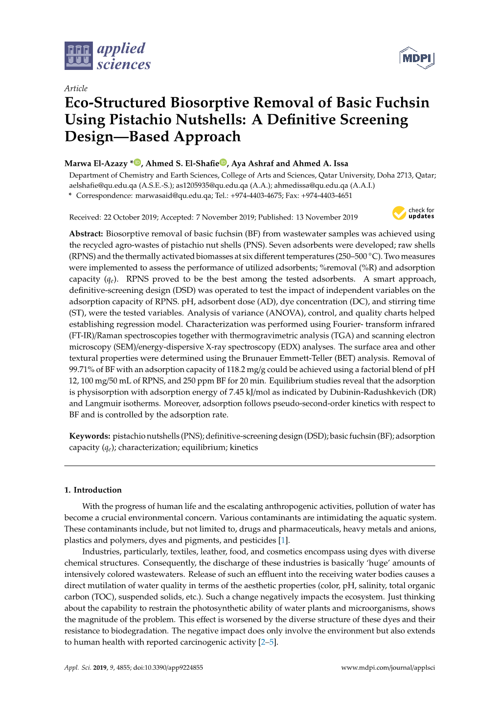 Eco-Structured Biosorptive Removal of Basic Fuchsin Using Pistachio Nutshells: a Deﬁnitive Screening Design—Based Approach