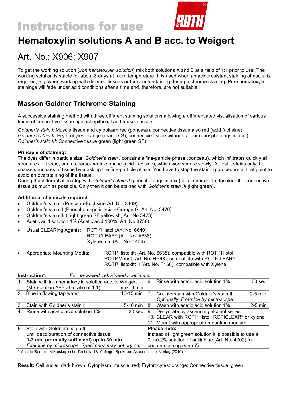 Instructions for Use Hematoxylin Solutions a and B Acc