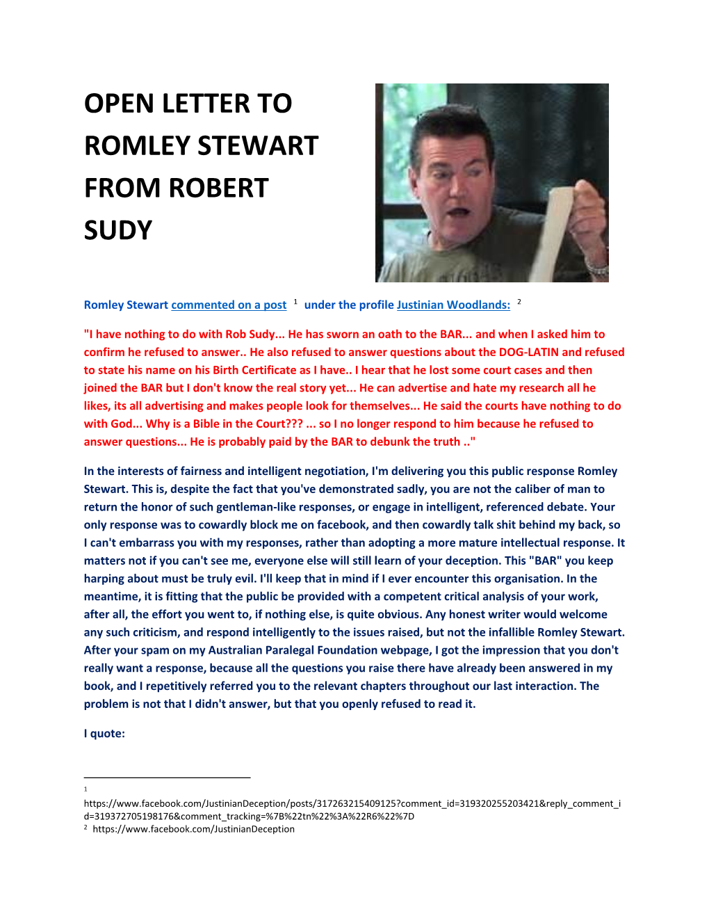 Open Letter to Romley Stewart from Robert Sudy