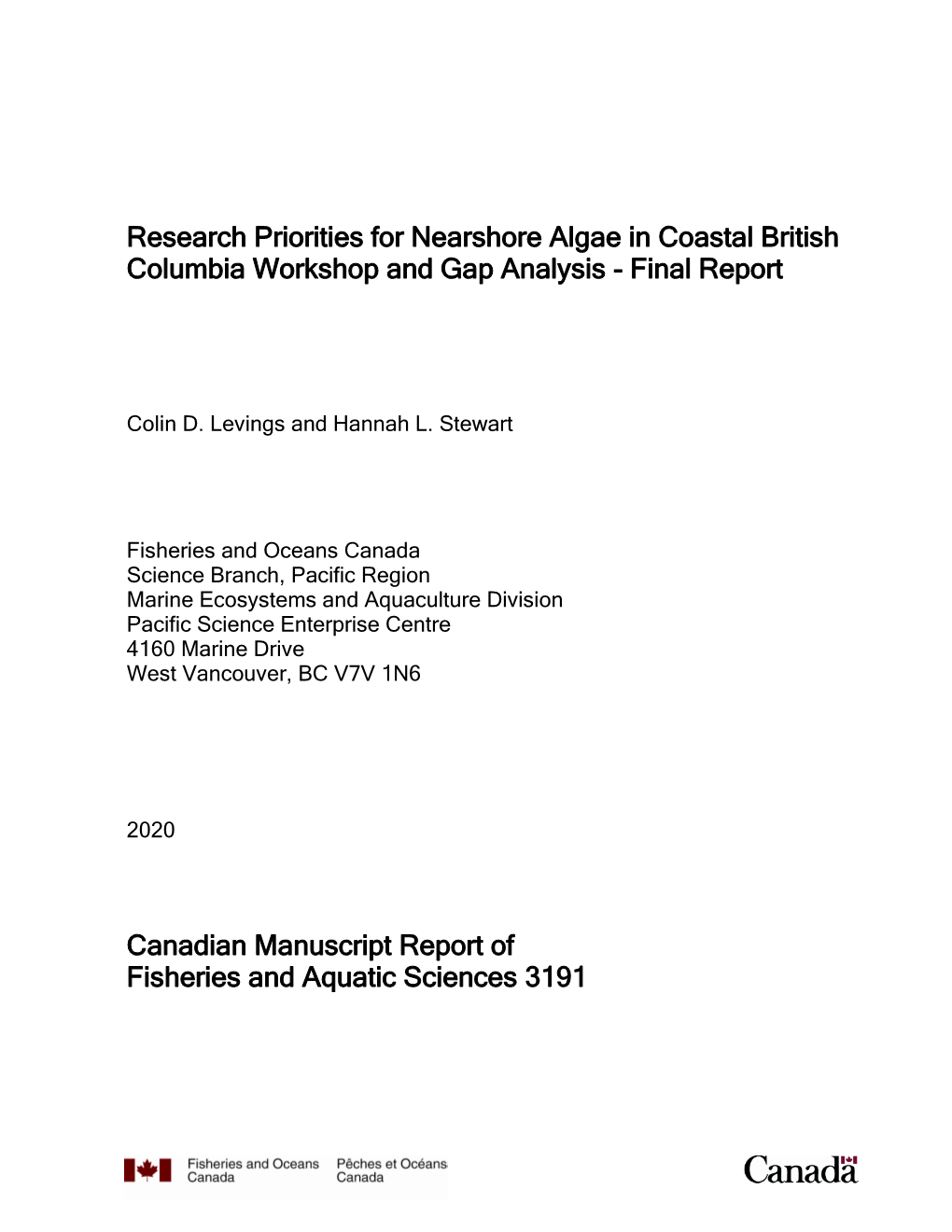 Research Priorities for Nearshore Algae in Coastal British Columbia Workshop and Gap Analysis - Final Report