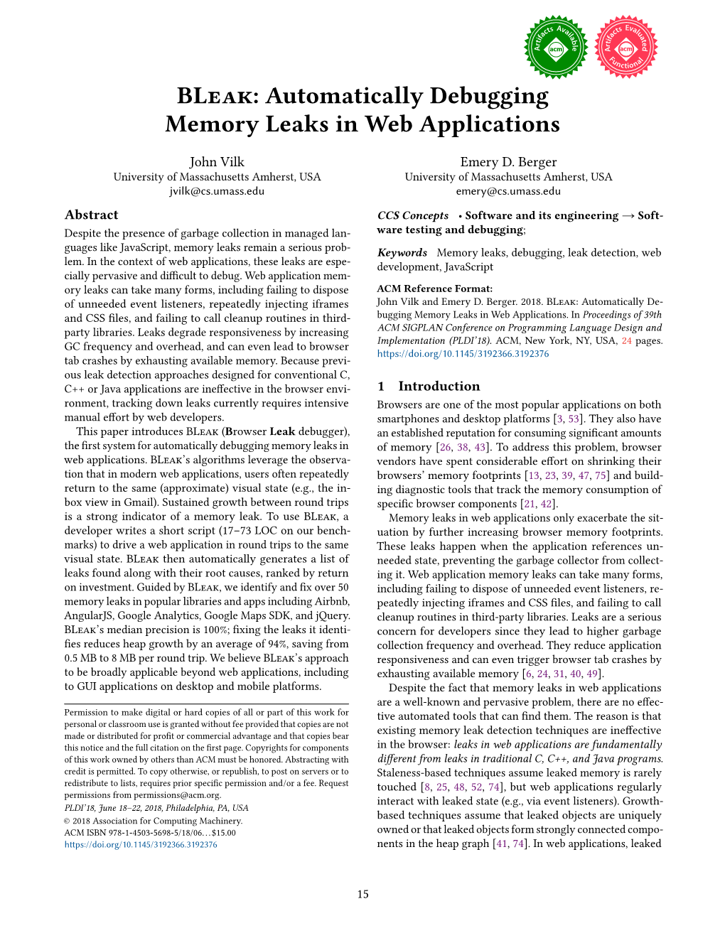 Bleak: Automatically Debugging Memory Leaks in Web Applications