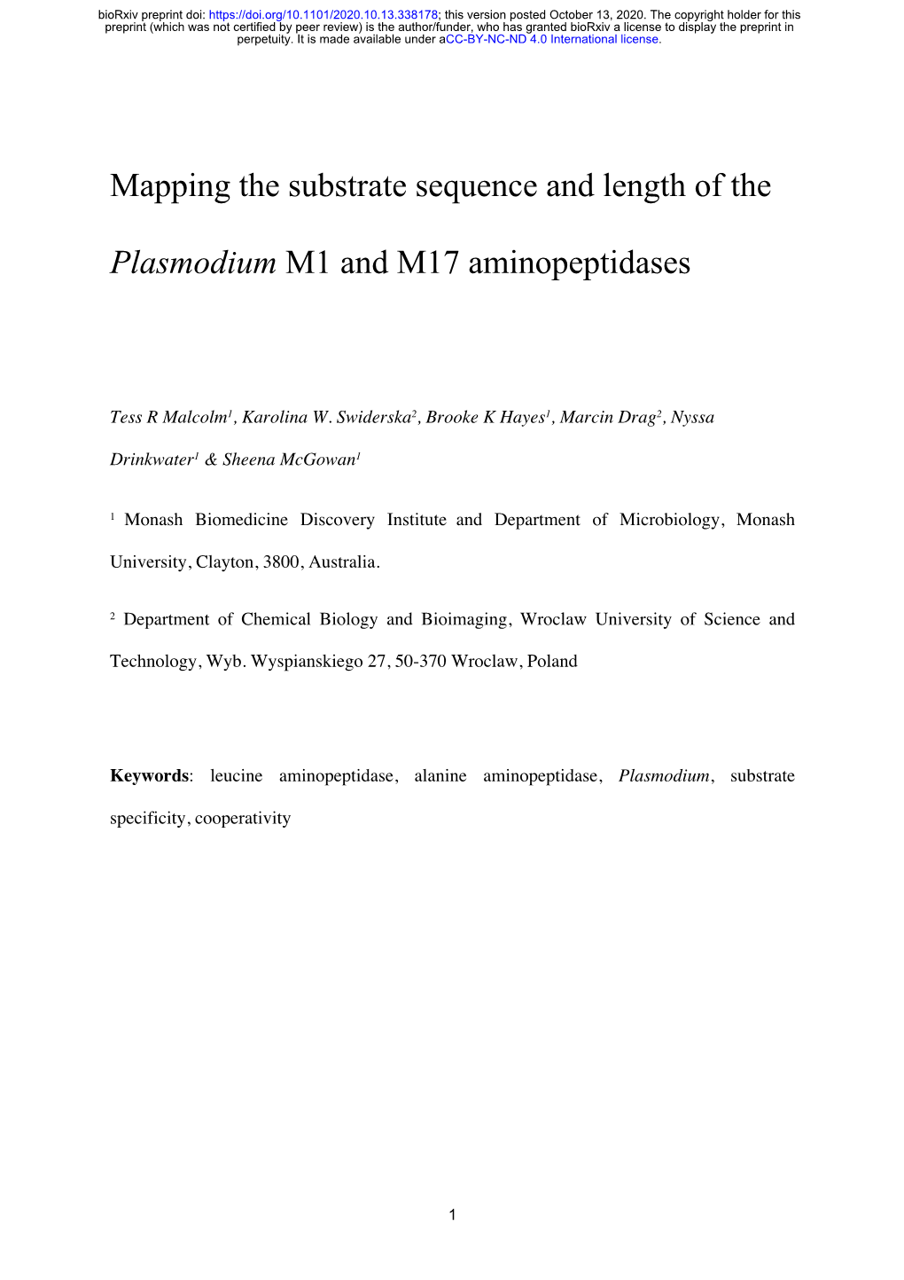Mapping the Substrate Sequence and Length of the Plasmodium M1 And