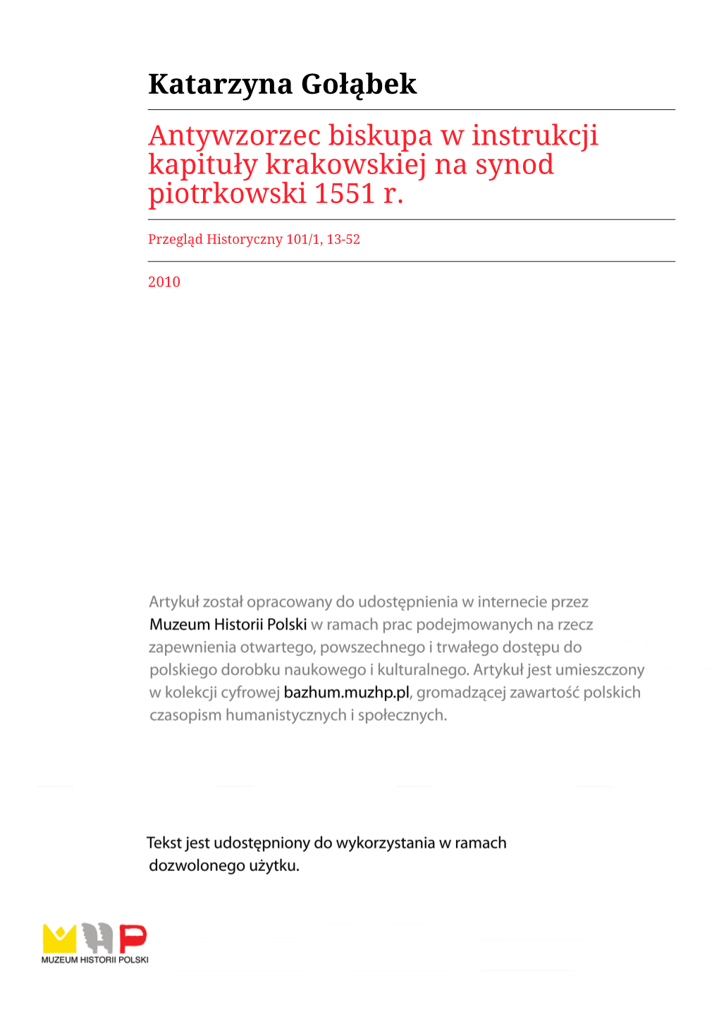 Katarzyna Gołąbek Antywzorzec Biskupa W Instrukcji Kapituły Krakowskiej Na Synod Piotrkowski 1551 R