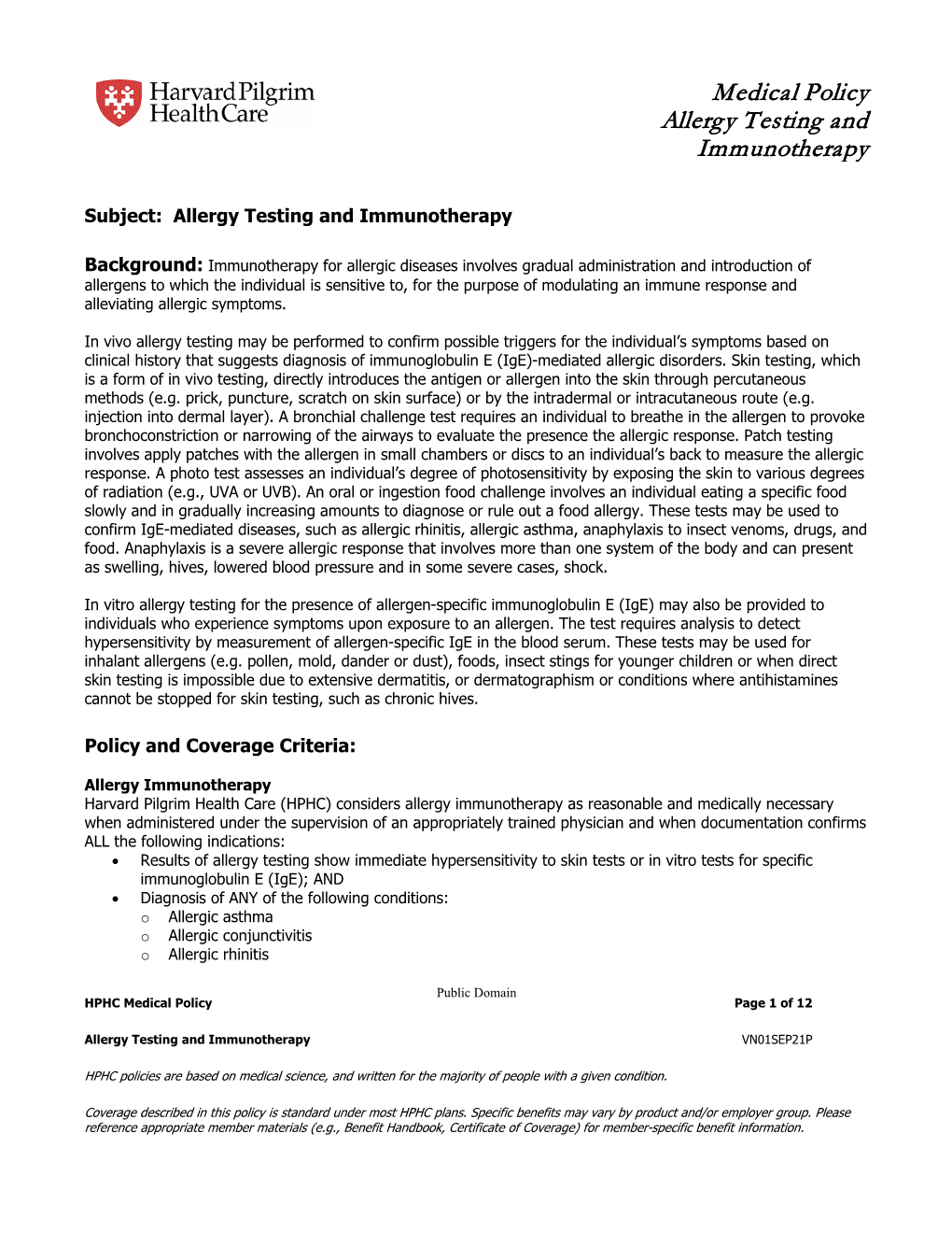 Medical Policy Allergy Testing and Immunotherapy