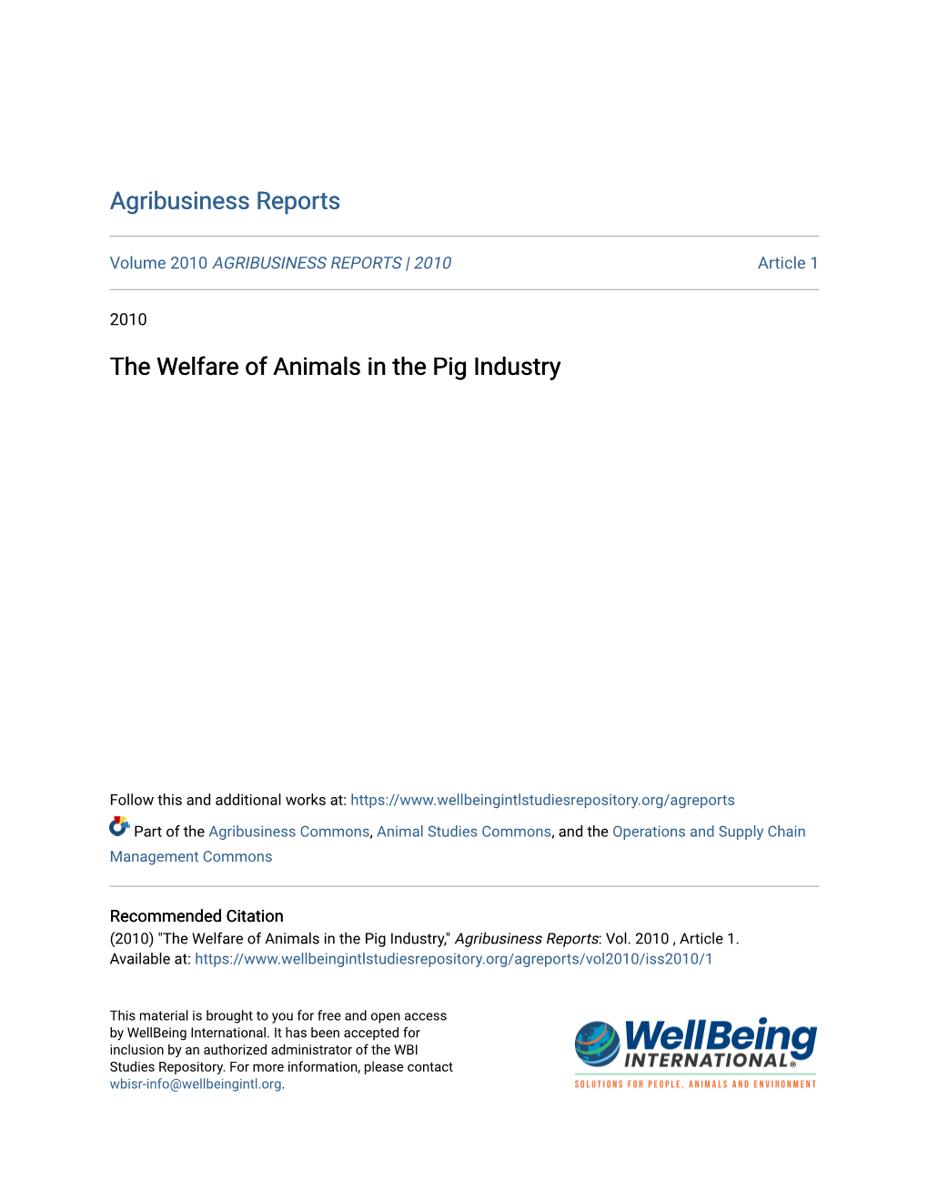 The Welfare of Animals in the Pig Industry