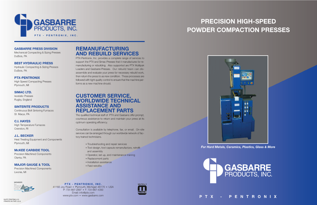 Precision High-Speed Powder Compaction Presses Ptx-Pentronix,Inc