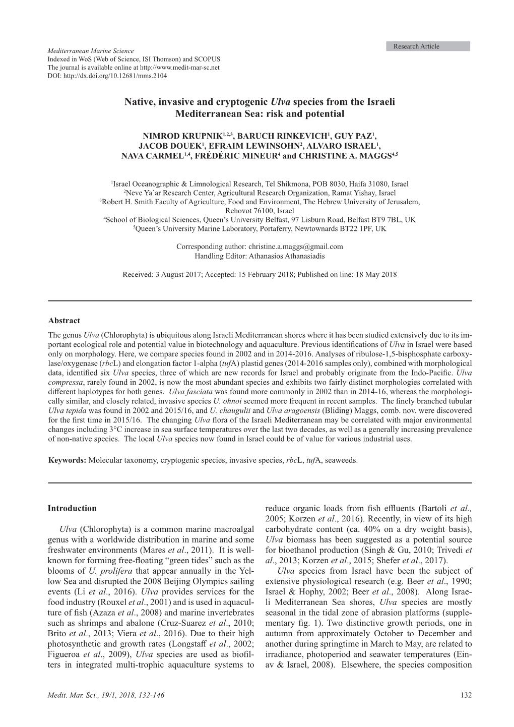 Native, Invasive and Cryptogenic Ulva Species from the Israeli Mediterranean Sea: Risk and Potential