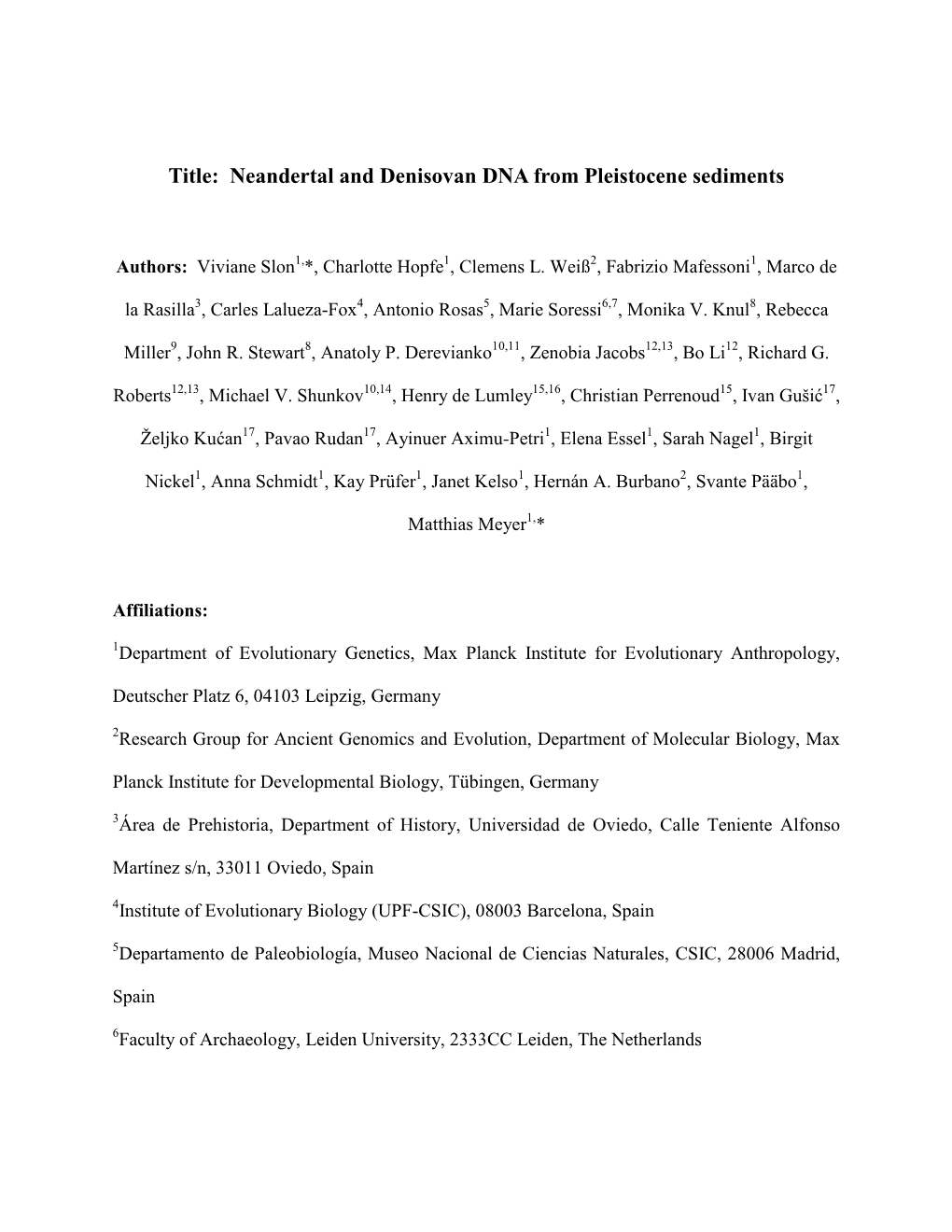 Title: Neandertal and Denisovan DNA from Pleistocene Sediments