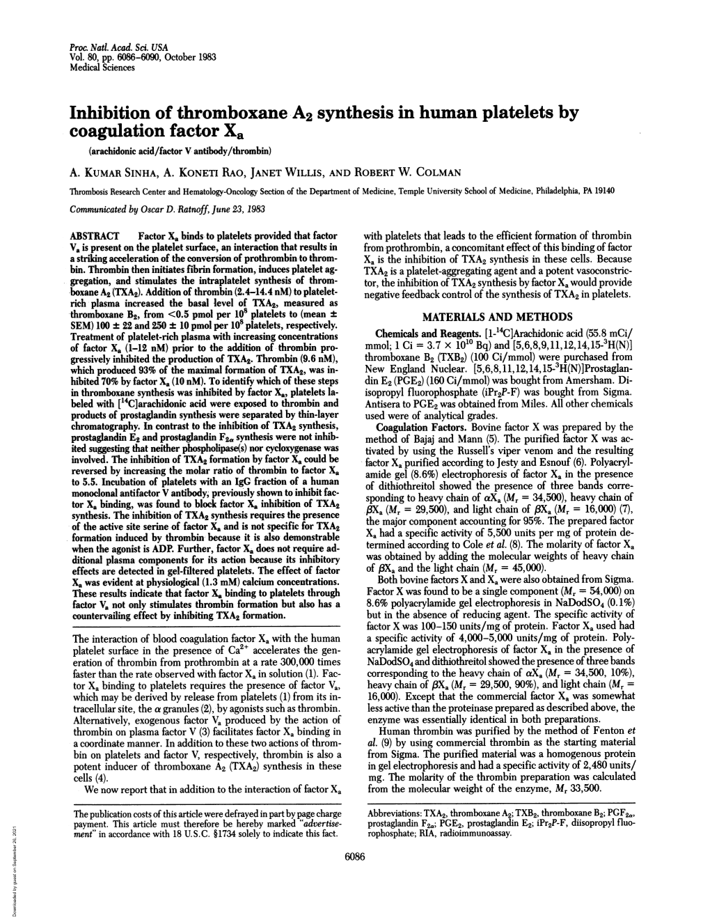 Coagulation Factor Xa (Arachidonic Acid/Factor V Antibody/Thrombin) A