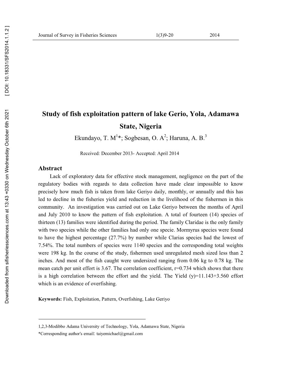 Study of Fish Exploitation Pattern of Lake Gerio, Yola, Adamawa State, Nigeria Ekundayo, T