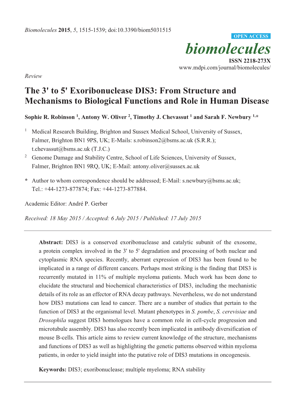 The 3' to 5' Exoribonuclease DIS3: from Structure and Mechanisms to Biological Functions and Role in Human Disease