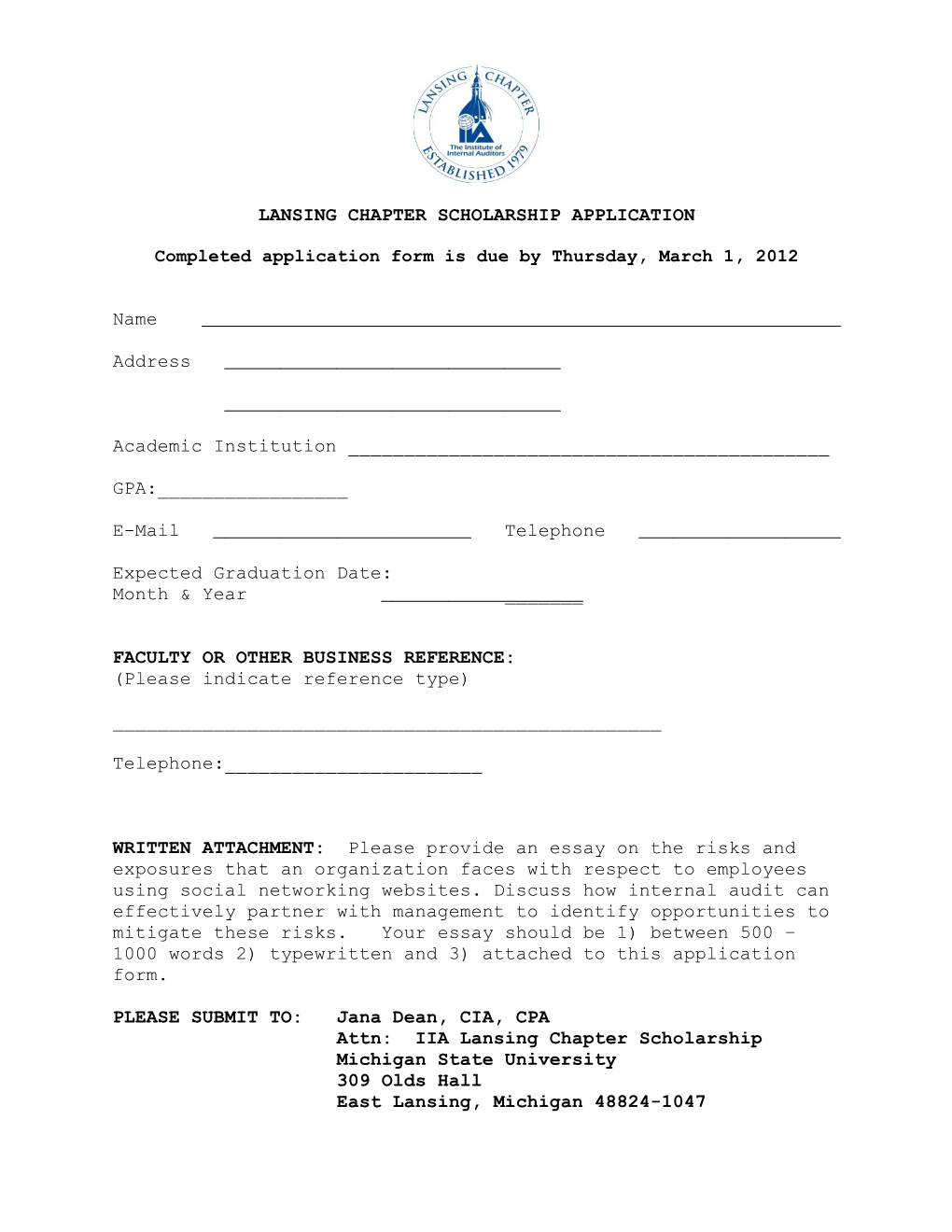 1996-1997 Department of Accounting Scholarship Application Form