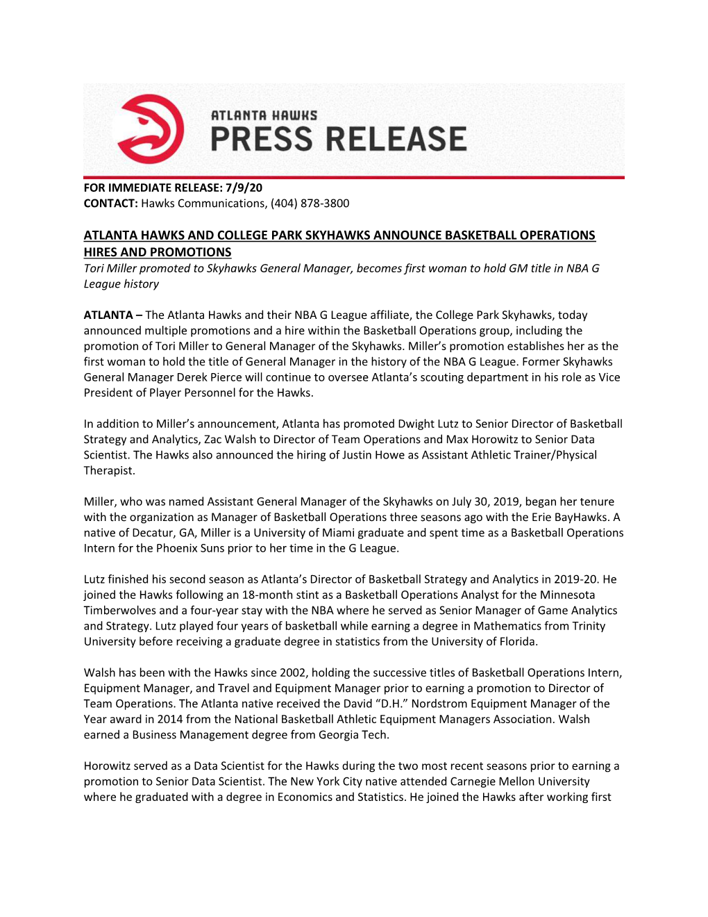 Atlanta Hawks and College Park Skyhawks Announce Basketball Operations Hires and Promotions