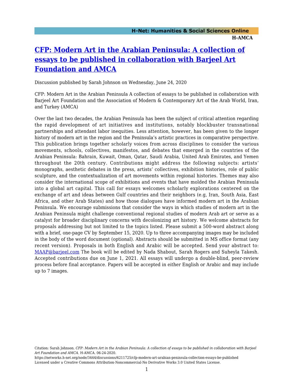 CFP: Modern Art in the Arabian Peninsula: a Collection of Essays to Be Published in Collaboration with Barjeel Art Foundation and AMCA