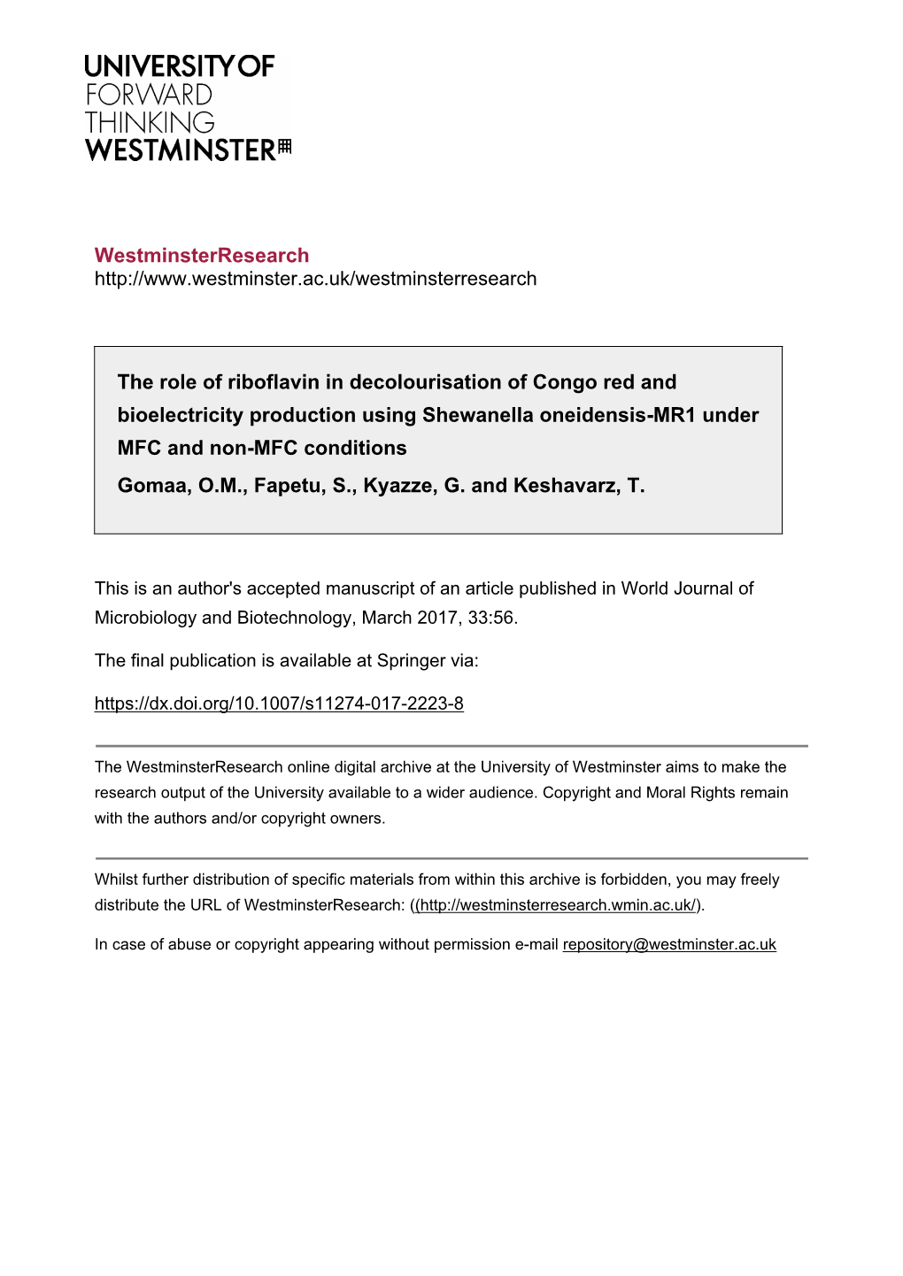 Westminsterresearch the Role of Riboflavin in Decolourisation Of