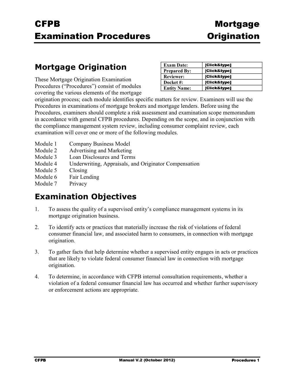 Mortgage Origination Examination Objectives