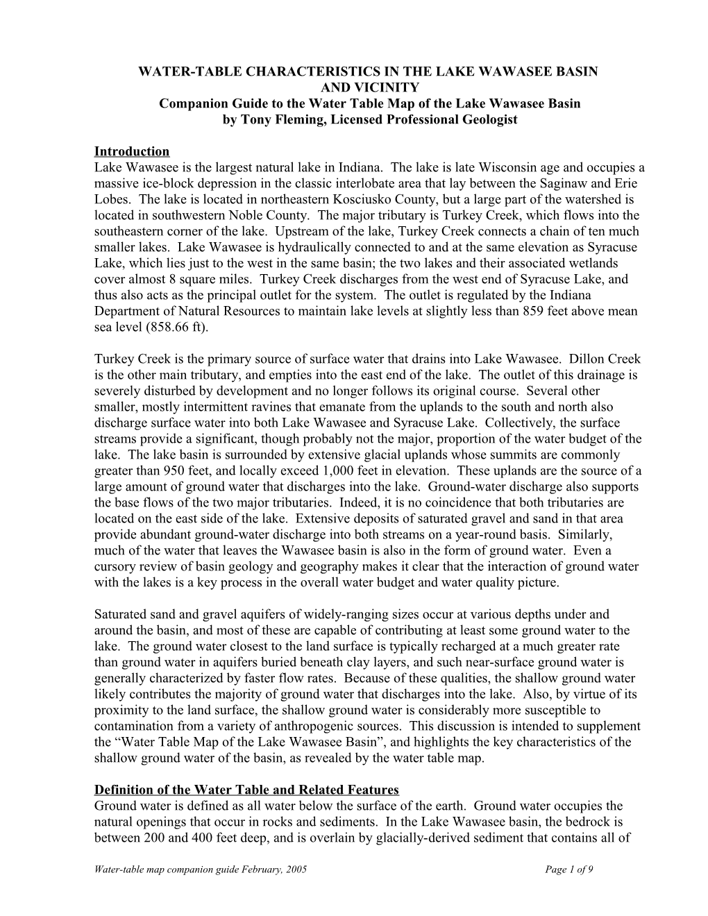 Water-Table Characteristics in the Lake Wawasee Basin and Vicinity