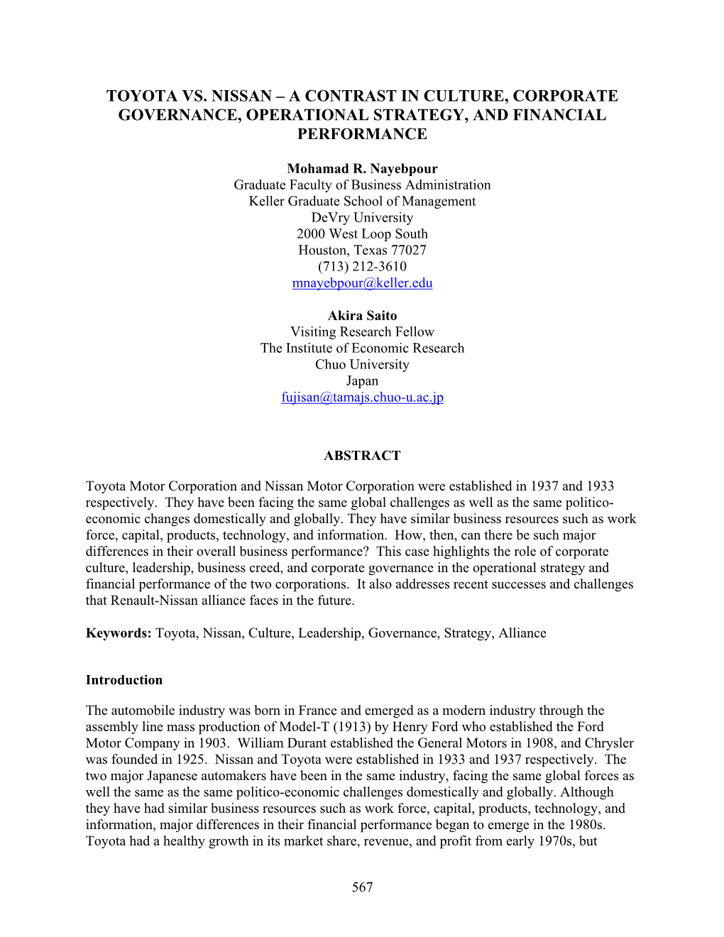 Toyota Vs. Nissan – a Contrast in Culture, Corporate Governance, Operational Strategy, and Financial Performance