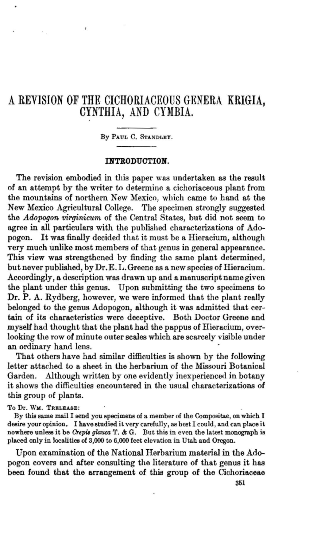 A Revision of the Cichoriaceous Genera Krigia, Cynthia, and Cymbia, •