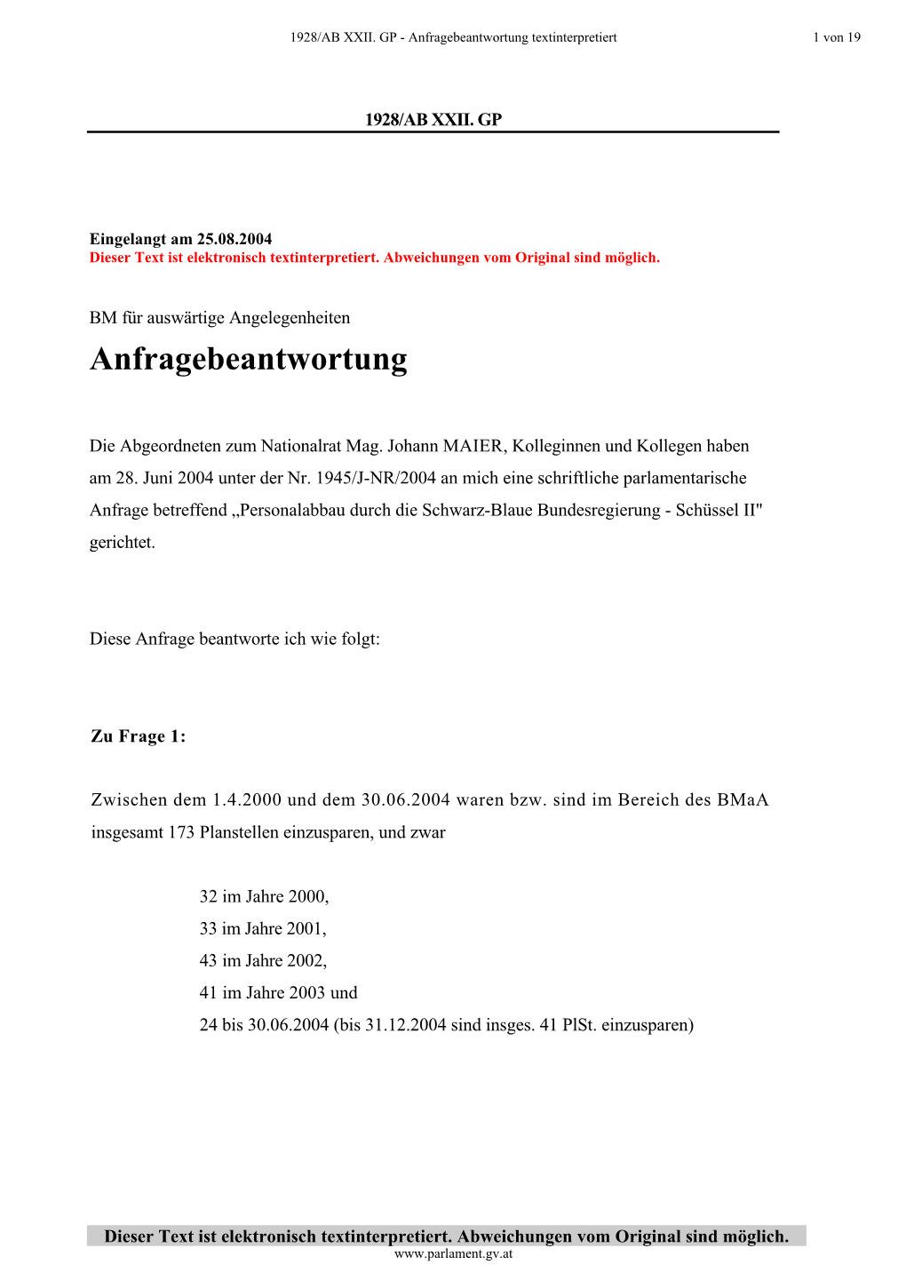 Anfragebeantwortung Textinterpretiert 1 Von 19