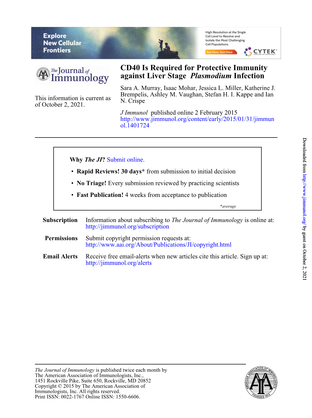 Infection Plasmodium Against Liver Stage CD40 Is Required For