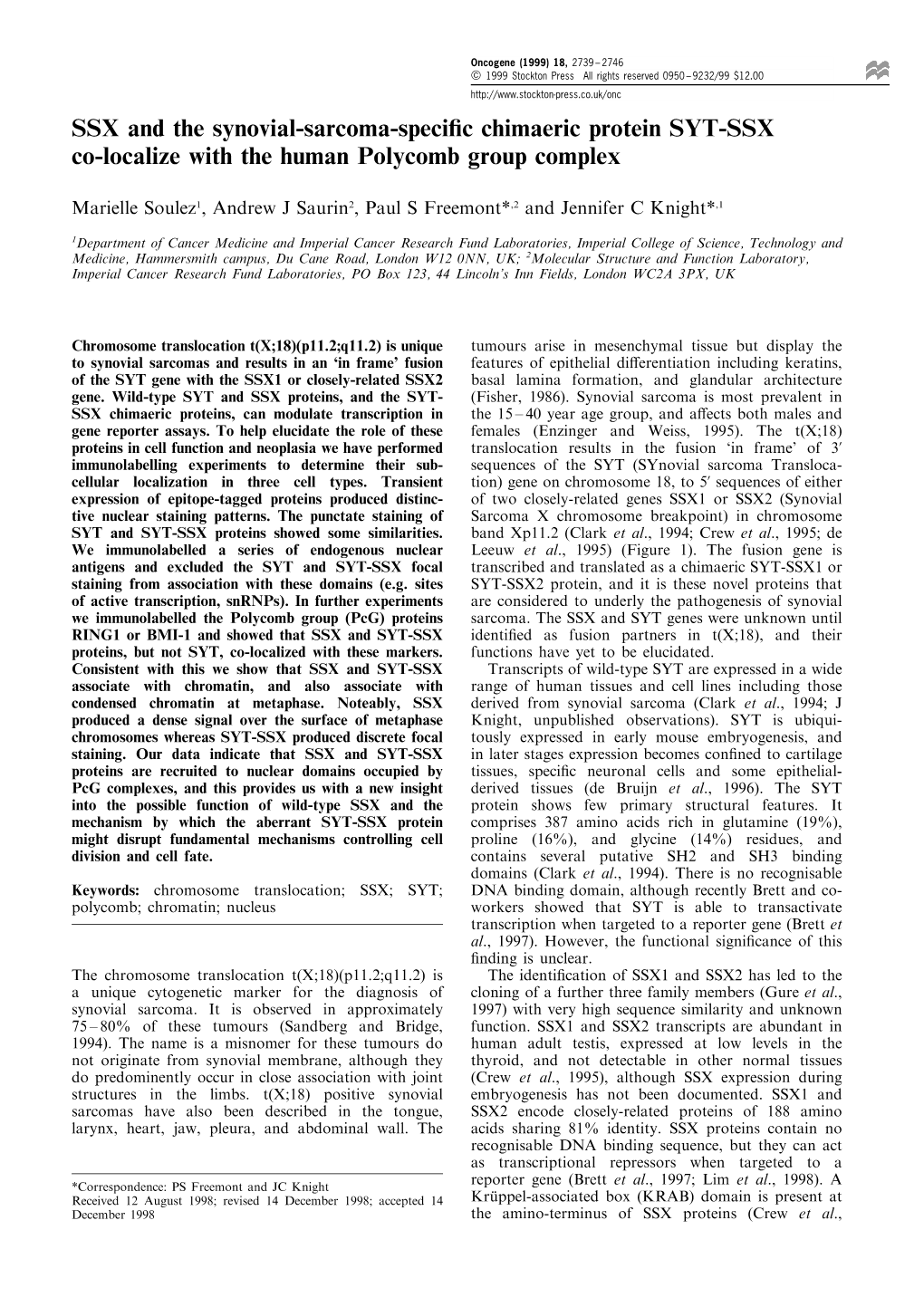 SSX and the Synovial-Sarcoma-Specific Chimaeric Protein SYT-SSX Co-Localize with the Human Polycomb Group Complex